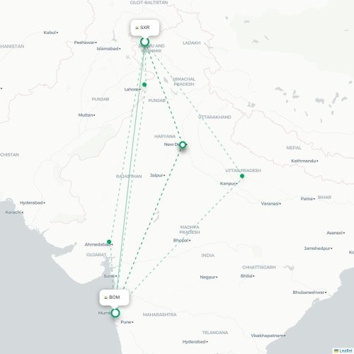 Mapa de vuelo directo Srinagar - Bombay