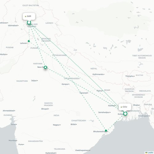 Mapa de vuelo directo Srinagar - Calcuta