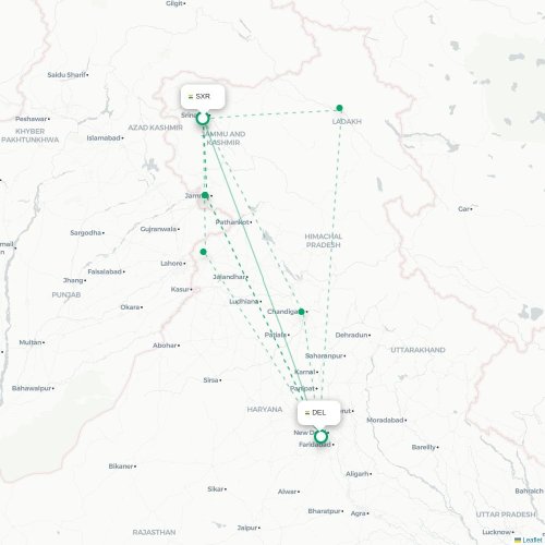 Mapa de vuelo directo Srinagar - Nueva Delhi