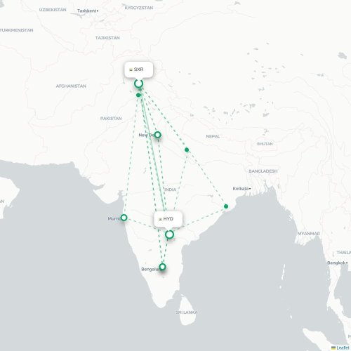 Mapa de vuelo directo Srinagar - Hyderabad
