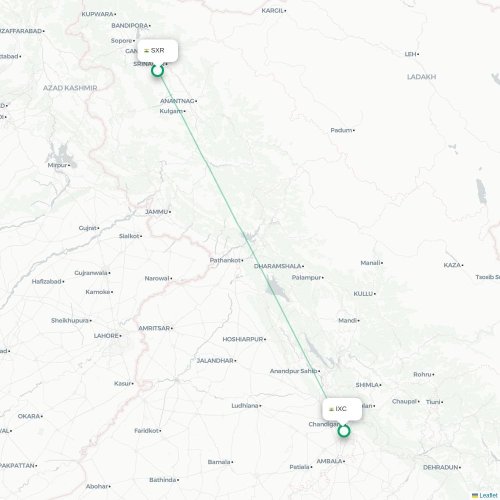 Mapa de vuelo directo Srinagar - Chandigarh