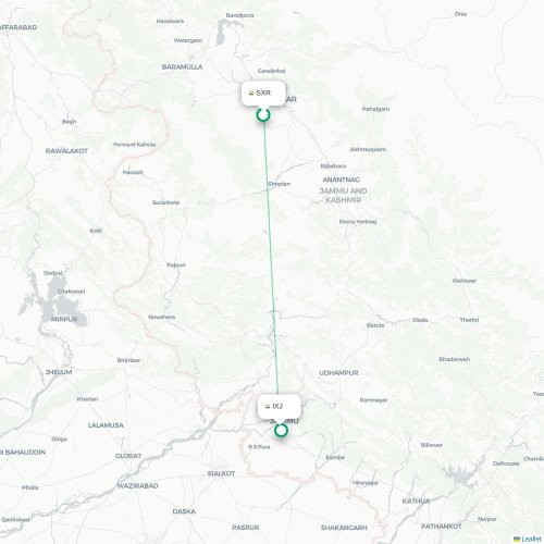 Mapa de vuelo directo Srinagar - Jammu