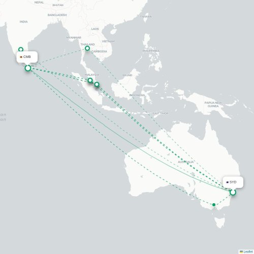 Mapa de vuelo directo Sídney - Colombo