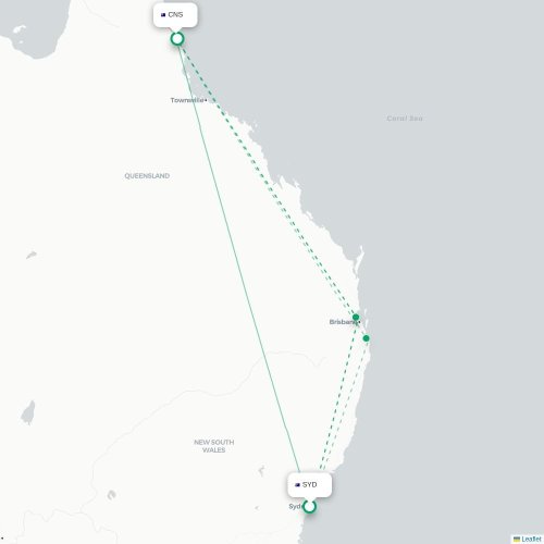 Mapa lotu bezpośredniego Sydney – Cairns