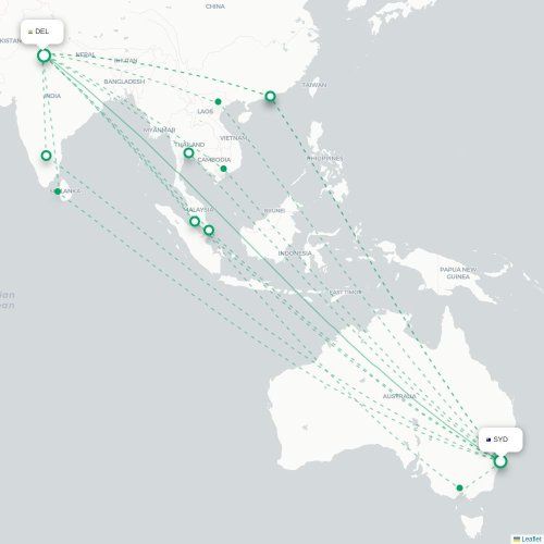 Mapa lotu bezpośredniego Sydney – Nowe Deli