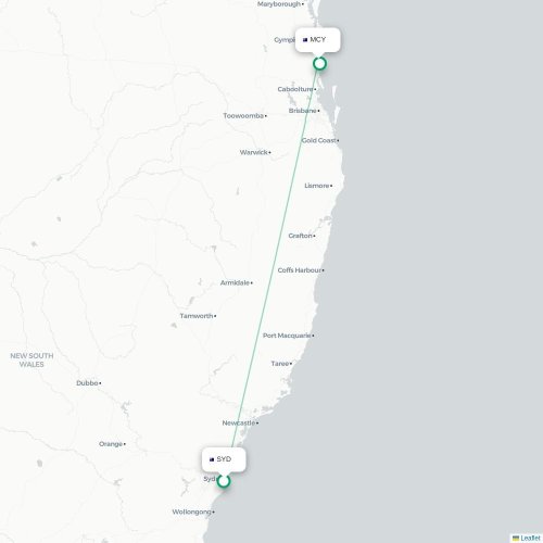 Mapa lotu bezpośredniego Sydney – Maroochydore