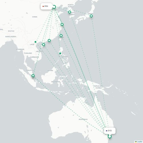 Mapa lotu bezpośredniego Sydney – Pekin