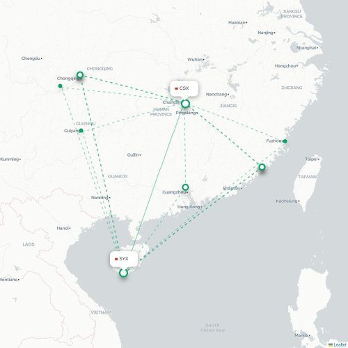 Mapa lotu bezpośredniego Sanya – Changsha