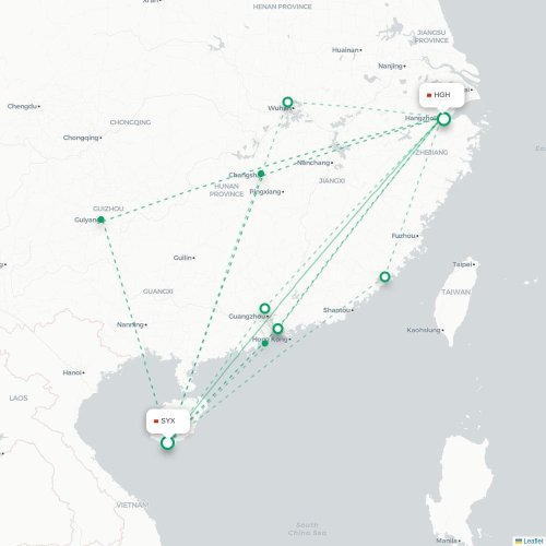 Mapa lotu bezpośredniego Sanya – Hangzhou