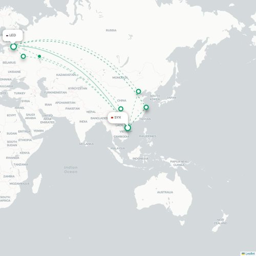 Mapa de vuelo directo Sanya - San Petersburgo