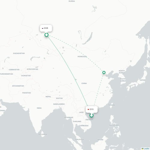 Mapa de vuelo directo Sanya - Novosibirsk