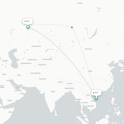 Mapa lotu bezpośredniego Sanya – Jekaterynburg
