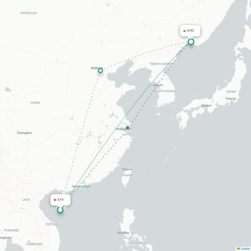 Mapa de vuelo directo Sanya - Vladivostok