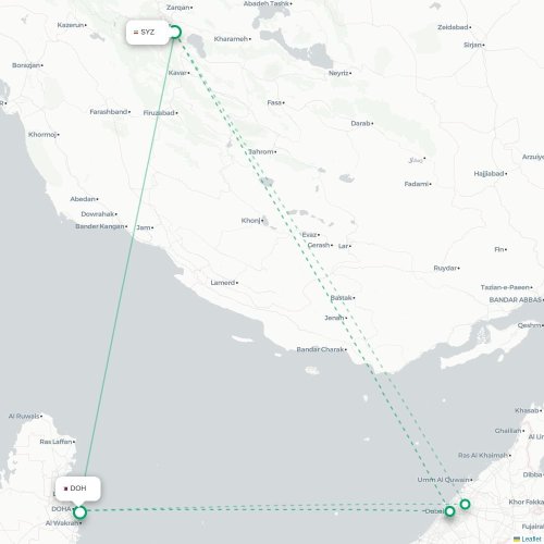 Mapa de vuelo directo Shiraz - Doha