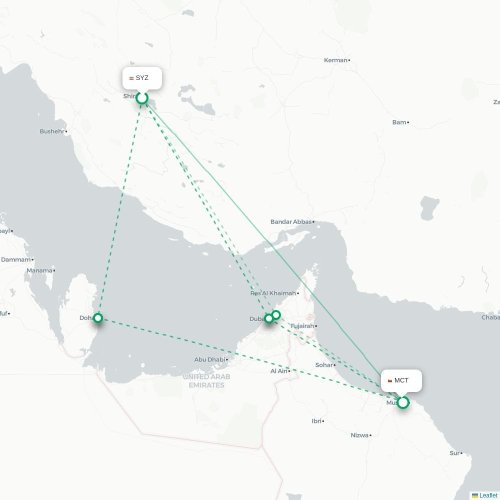 Mapa lotu bezpośredniego Sziraz – Maskat