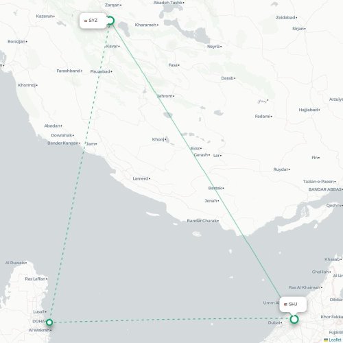 Mapa lotu bezpośredniego Sziraz – Szardża