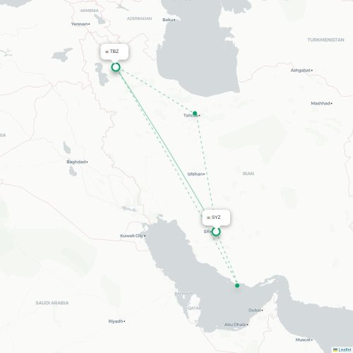 Mapa lotu bezpośredniego Sziraz – Tabriz