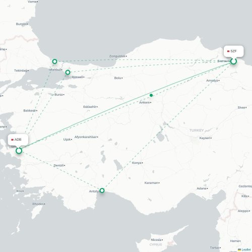 Mapa de vuelo directo Samsun - Esmirna