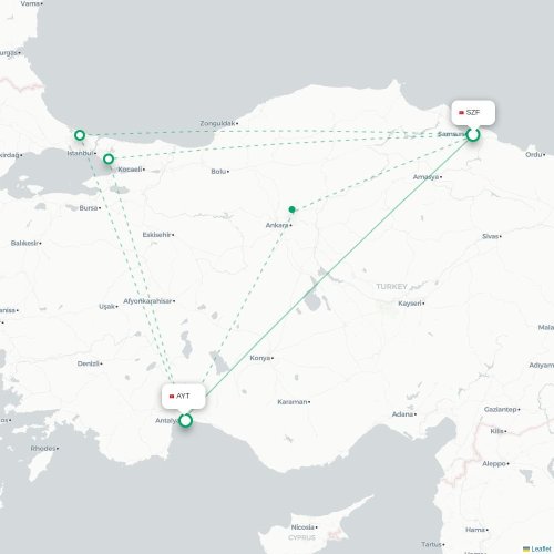 Samsun - Antalya karta över direktflyg
