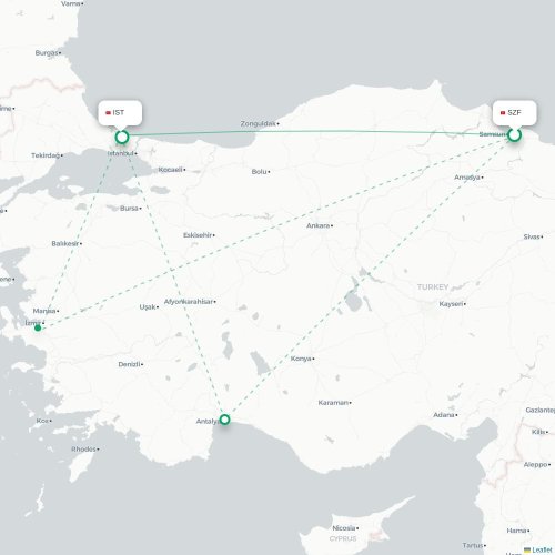 Mapa de vuelo directo Samsun - Estambul