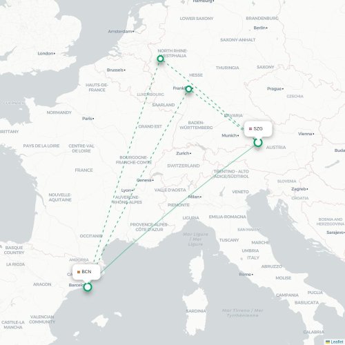 Salzburg - Barcelona karta över direktflyg