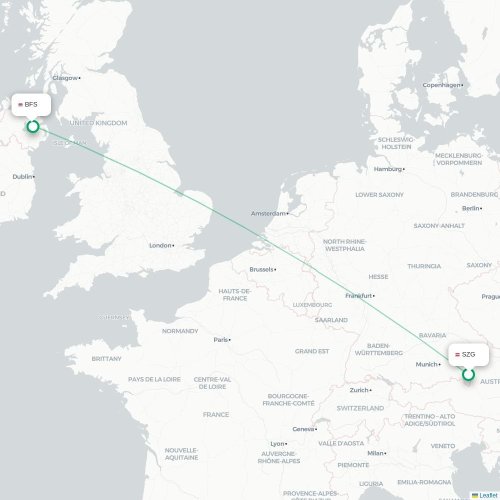 Salzburg - Belfast karta över direktflyg