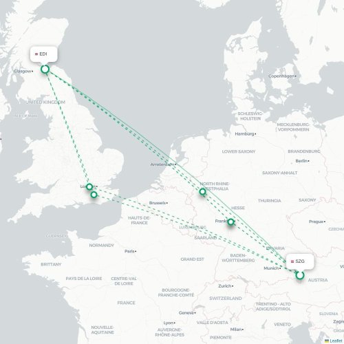 Salzburg - Edinburgh karta över direktflyg