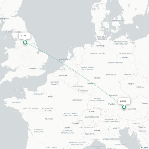 Salzburg - Leeds karta över direktflyg