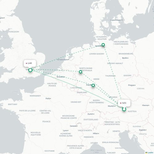 Salzburg - London karta över direktflyg