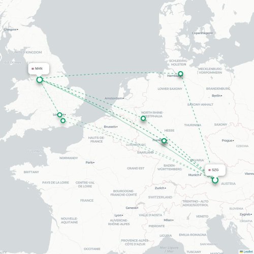 Salzburg - Manchester karta över direktflyg