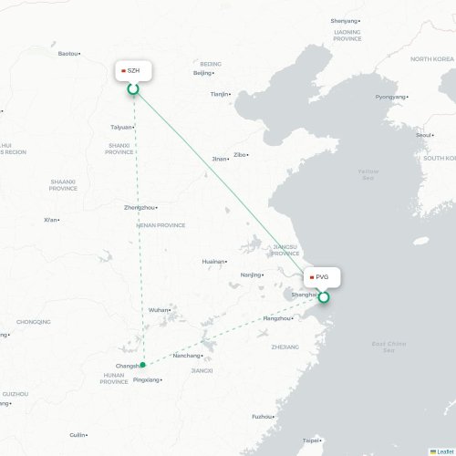 Mapa lotu bezpośredniego Shuozhou – Szanghaj