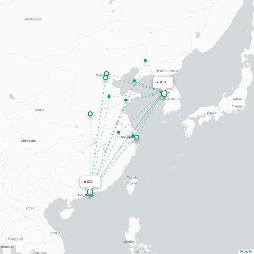 Mapa lotu bezpośredniego Shenzhen – Inczhon