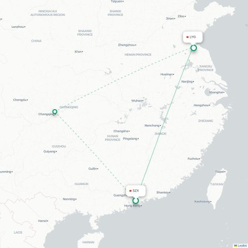 Mapa lotu bezpośredniego Shenzhen – Lianyungang