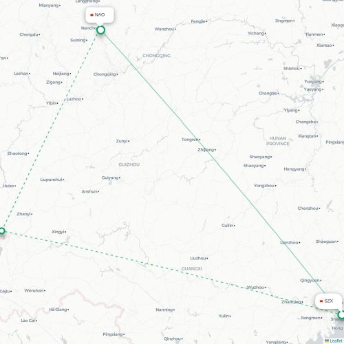 Mapa lotu bezpośredniego Shenzhen – Nanchong