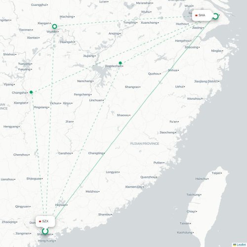 Mapa de vuelo directo Shenzhen - Shangai