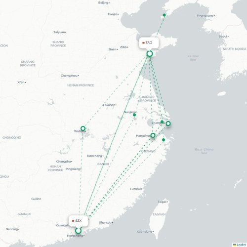 Mapa lotu bezpośredniego Shenzhen – Qingdao