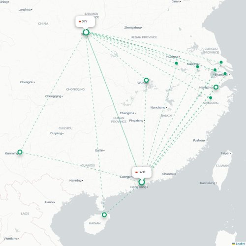 Mapa de vuelo directo Shenzhen - Xi'an