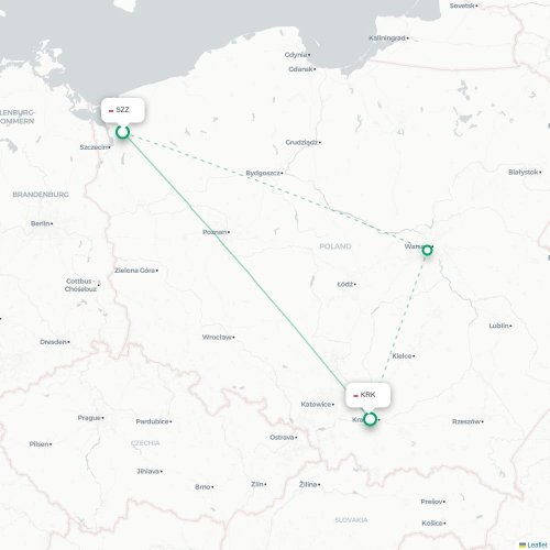 Mapa de vuelo directo Szczecin - Cracovia