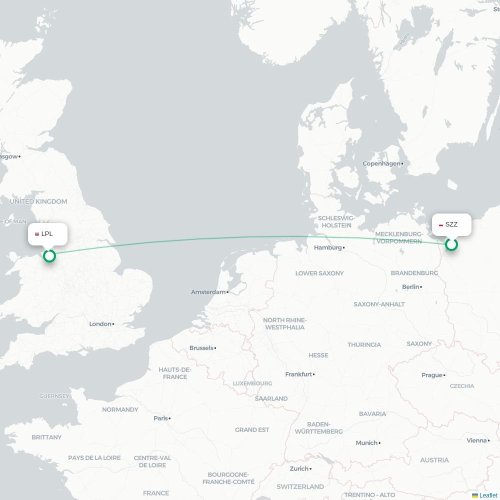 Mapa de vuelo directo Szczecin - Liverpool