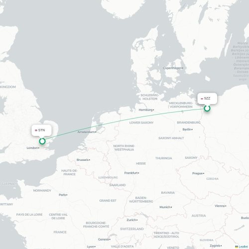 Mapa de vuelo directo Szczecin - Londres