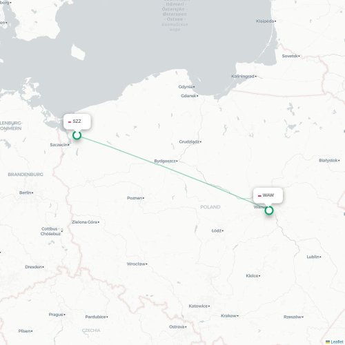 Mapa de vuelo directo Szczecin - Varsovia