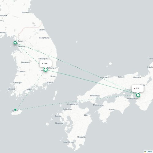 Mapa lotu bezpośredniego Taegu – Osaka
