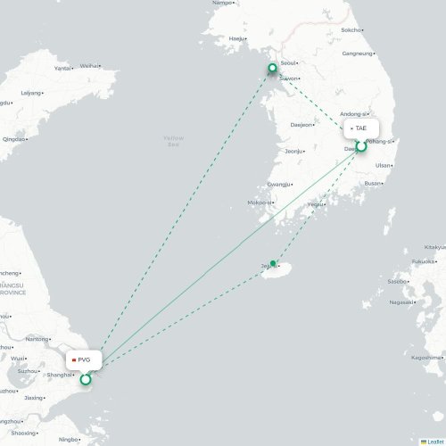 Mapa lotu bezpośredniego Taegu – Szanghaj