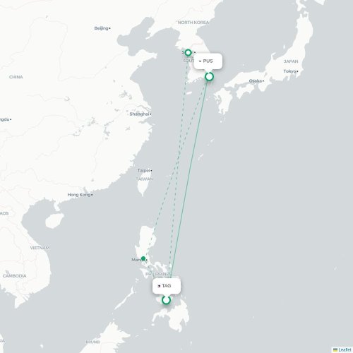 Mapa lotu bezpośredniego Panglao – Pusan