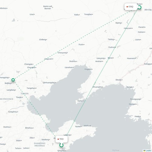 Mapa lotu bezpośredniego Qingdao – Changchun