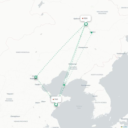 Mapa de vuelo directo Qingdao - Daqing