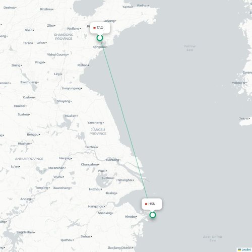 Mapa lotu bezpośredniego Qingdao – Zhoushan