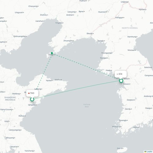 Mapa lotu bezpośredniego Qingdao – Inczhon