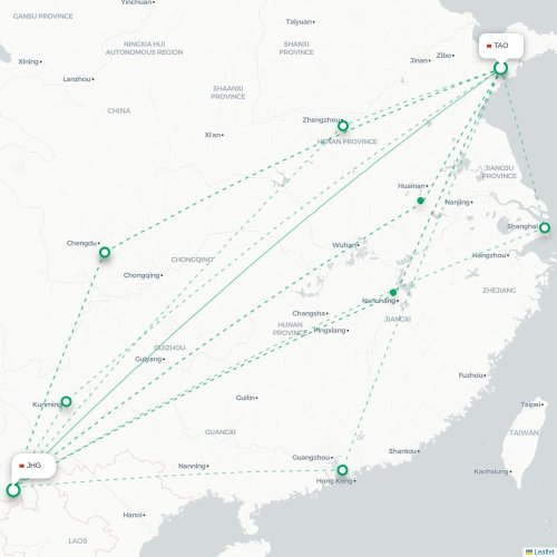 Mapa lotu bezpośredniego Qingdao – Xishuangbanna