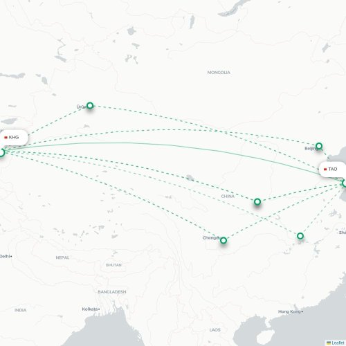 Mapa lotu bezpośredniego Qingdao – Kaszgar